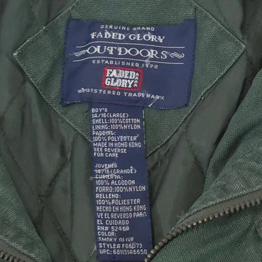 Faded Glory Canvas Quilted Field Jacket Boys 14/16 Olive Faux Leather Collar Y2K